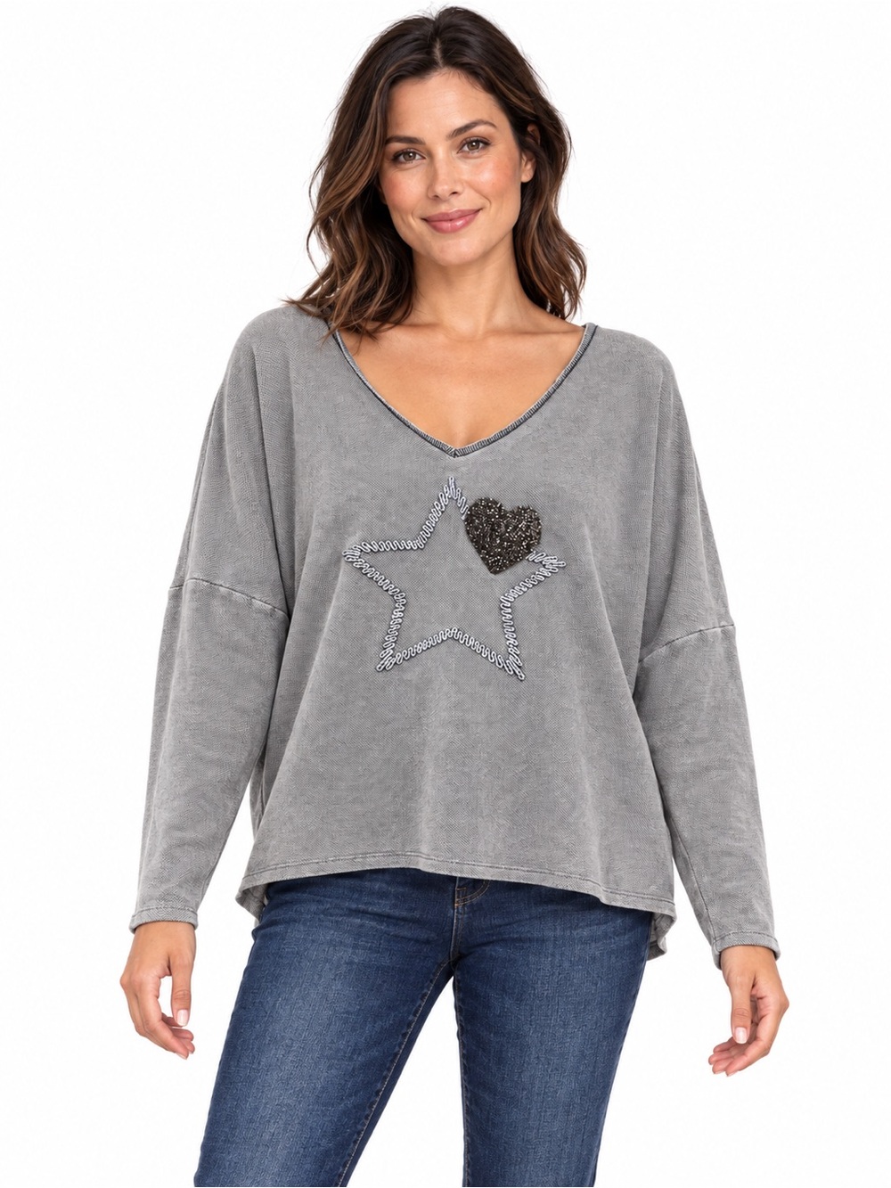 VENUS Grey V-Neck Long Sleeve Top with Star Outline & Sequin Heart